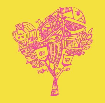 Illustration of psychedelic stylized tree, element for your design. Stock Illustration