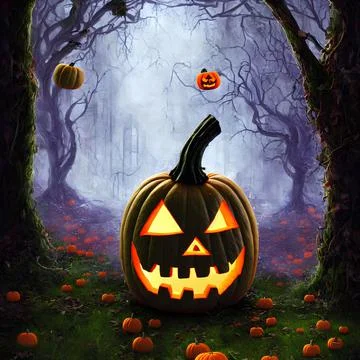 An Illustration of a pumpkin jack-o'-lantern in a dark forest Stock Illustration