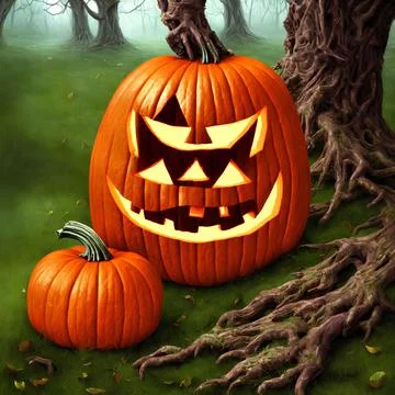 An Illustration of a pumpkin jack-o'-lantern in a dark forest Stock Illustration