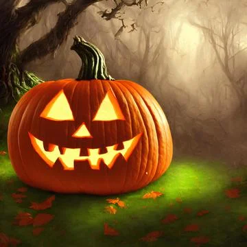 An Illustration of a pumpkin jack-o'-lantern in a dark forest Ilustração Stock