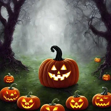 An Illustration of a pumpkin jack-o'-lantern in a dark forest イラスト素材