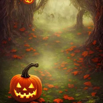 An Illustration of a pumpkin jack-o'-lantern in a dark forest Stock Illustration