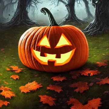An Illustration of a pumpkin jack-o'-lantern in a dark forest Stock Illustration