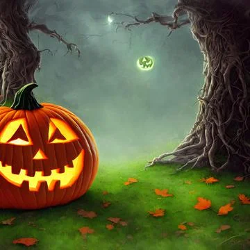 An Illustration of a pumpkin jack-o'-lantern in a dark forest Stock Illustration