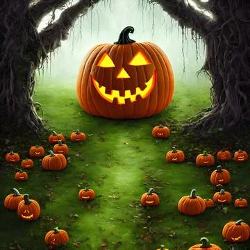 An Illustration of a pumpkin jack-o'-lantern in a dark forest Stock Illustration