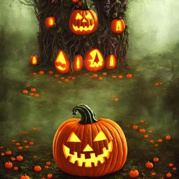 An Illustration of a pumpkin jack-o'-lantern in a dark forest Ilustração Stock