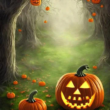 An Illustration of a pumpkin jack-o'-lantern in a dark forest Stock Illustration