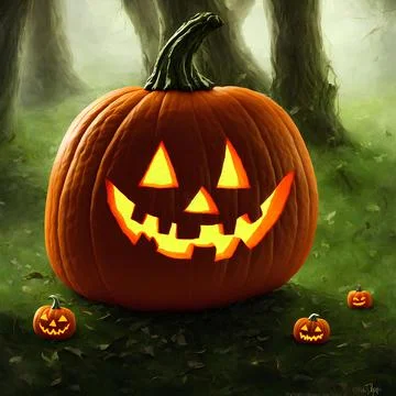 An Illustration of a pumpkin jack-o'-lantern in a dark forest Stock Illustration