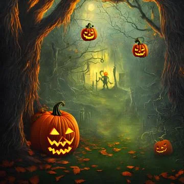An Illustration of a pumpkin jack-o'-lantern in a dark forest Illustrazione stock