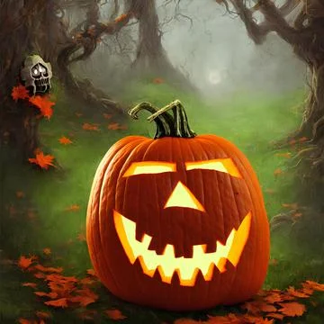 An Illustration of a pumpkin jack-o'-lantern in a dark forest Stock Illustration