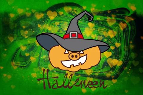 Illustration of a pumpkin with a witch hat on a patterned green background Stock Illustration