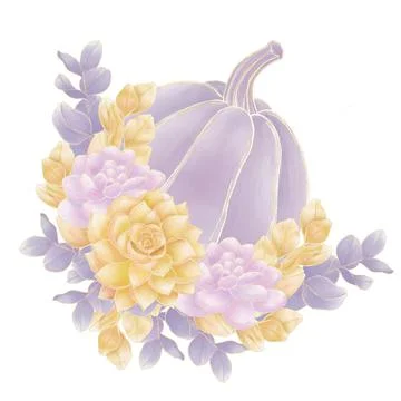 Illustration of purple pumpkins decorated with a composition of succulent flo Stock Illustration