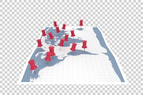 Illustration of push pins on world map Stock Photos