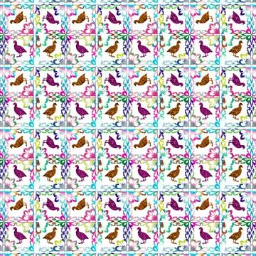 Illustration of quails in the colorful corner patterns on white background Stock Illustration
