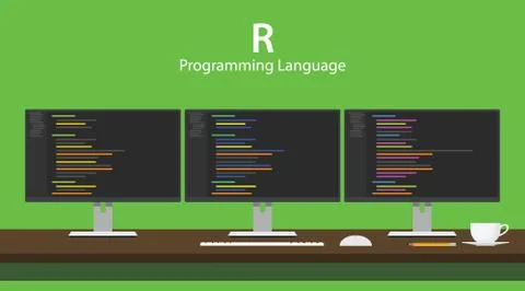 Illustration of R programming language code displayed on three monitor in a row Stock Illustration