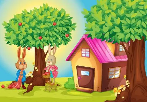 Illustration of a rabbit and a house in a beautiful nature Stock Illustration