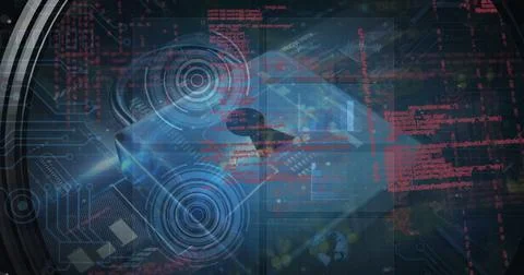 Illustration of radars, programming language and lens flare over padlock in Stockillustratie