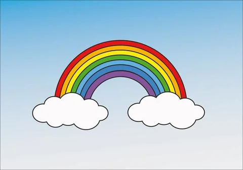 An illustration of a rainbow connected with two clouds on a white and blue ba Stock Illustration