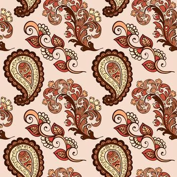 Illustration raster seamless paisley pattern with patterns on light brown Stock Illustration