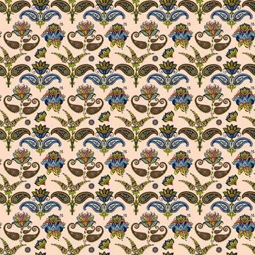 Illustration raster seamless paisley pattern with patterns on beige background Stock Illustration