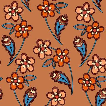 Illustration raster seamless paisley pattern with patterns on a orange Stock Illustration