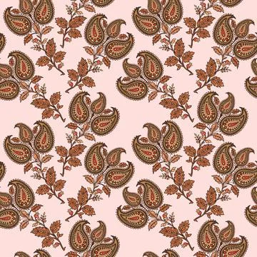 Illustration raster seamless paisley pattern with patterns on a pink background Stock Illustration