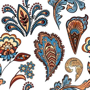 Illustration raster seamless paisley pattern with patterns on white isolated Stock Illustration