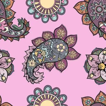 Illustration raster seamless paisley pattern with patterns on pink background Stock Illustration