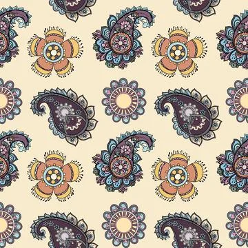 Illustration raster seamless paisley pattern with patterns on yellow background Stock Illustration