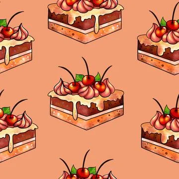 Illustration raster seamless pattern brown color cake pieces on orange Stock Illustration