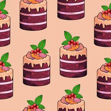 Illustration raster seamless pattern brown color cake pieces on orange Stock-Illustration