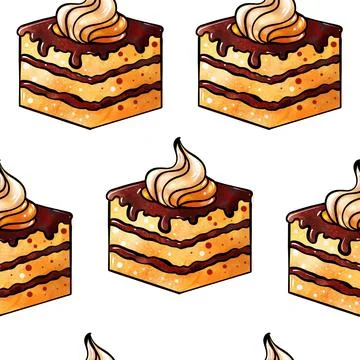 Illustration raster seamless pattern brown color cake pieces on white isolated Stock Illustration