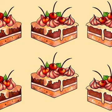 Illustration raster seamless pattern brown color cake pieces on yellow Stock Illustration