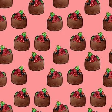 Illustration raster seamless pattern brown color chocolate cake decorated with Stock Illustration