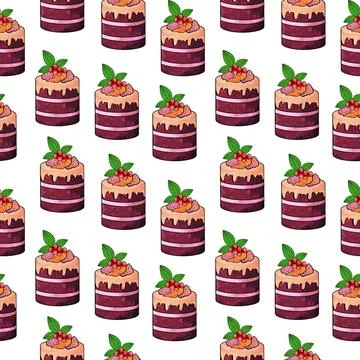 Illustration raster seamless pattern brown color cake pieces on white isolated Stock Illustration