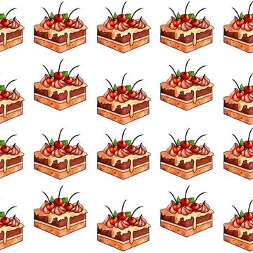 Illustration raster seamless pattern brown color cake pieces on white isolated Stock Illustration