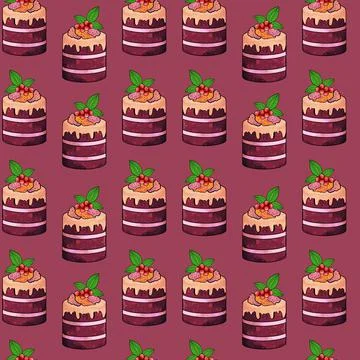 Illustration raster seamless pattern brown color cake pieces on red brown Stock Illustration