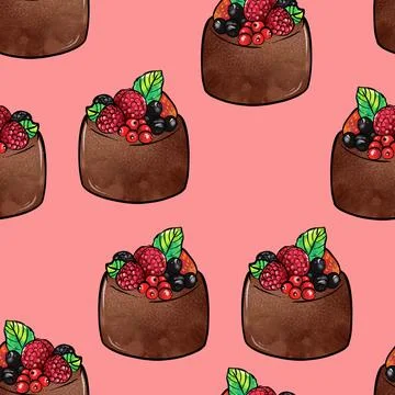 Illustration raster seamless pattern brown color chocolate cake decorated with Stock Illustration