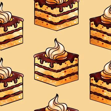 Illustration raster seamless pattern brown color cake pieces on yellow Stock Illustration