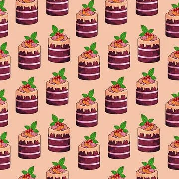 Illustration raster seamless pattern brown color cake pieces on orange Stock Illustration