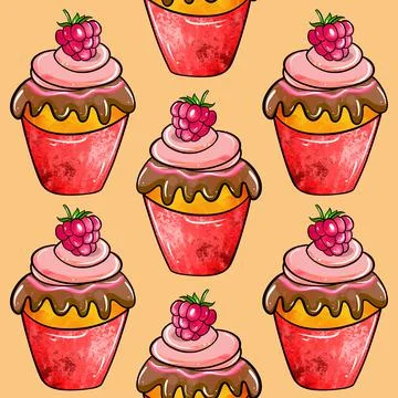 Illustration raster seamless pattern cream dessert red color decorated with Stock Illustration