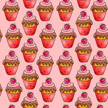 Illustration raster seamless pattern cream dessert red color decorated with Stock Illustration