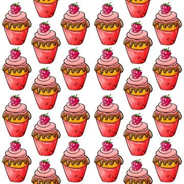 Illustration raster seamless pattern cream dessert red color decorated with Stock Illustration