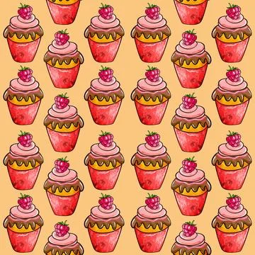 Illustration raster seamless pattern cream dessert red color decorated with Stock Illustration