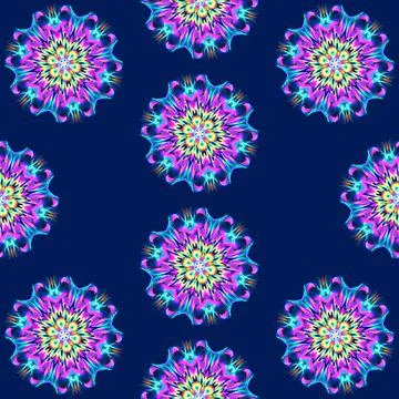 Illustration raster seamless pattern of mandalas in shiny glowing lilac color on Stock Illustration
