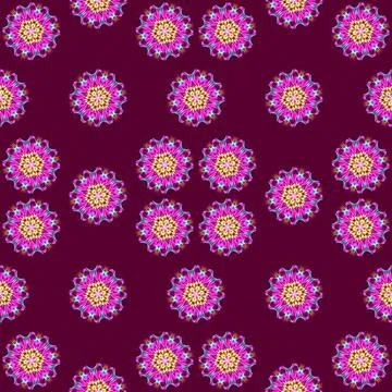 Illustration raster seamless pattern of mandalas in shiny glowing lilac color on Stock Illustration