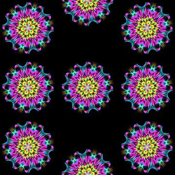 Illustration raster seamless pattern of mandalas in shiny glowing lilac color on Stock Illustration