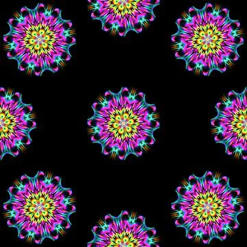 Illustration raster seamless pattern of mandalas in shiny glowing lilac color on Stock Illustration