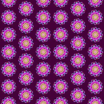 Illustration raster seamless pattern of mandalas in shiny glowing lilac color on Stock Illustration