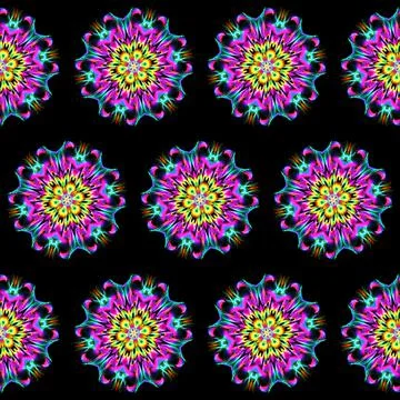 Illustration raster seamless pattern of mandalas in shiny glowing lilac color on Stock Illustration